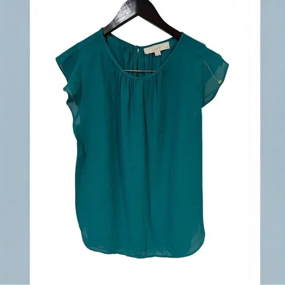 LOFT Teal Sheer Cap Sleeve Blouse | Gathered Neckline | MP - Picture 2 of 4